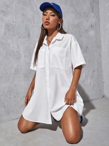 SHEIN EZwear 落肩袖口袋貼布襯衫洋裝 - 白色 - 查看 5