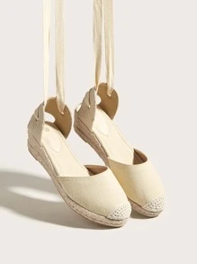 Canvas Tie Leg Design Espadrille Court Wedges - Apricot - View 8