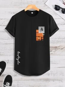 Manfinity Homme Hombres Camiseta con estampado tropical con letra - Negro - Ver 1