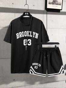 Manfinity Campus Court Men Letter Graphic Tee & Striped Trim Drawstring Waist Shorts - Black - View 1
