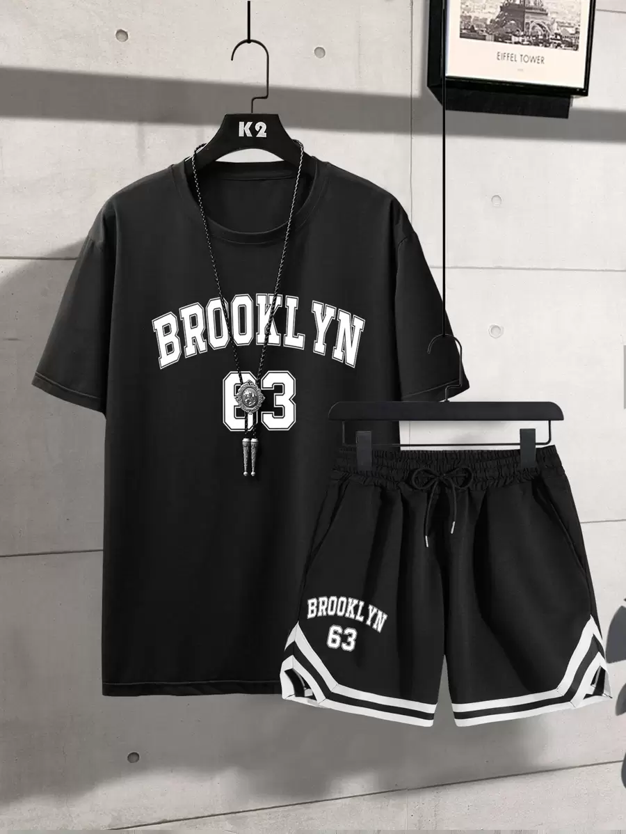 Manfinity Campus Court Men Letter Graphic Tee & Striped Trim Drawstring Waist Shorts - Black - View 1