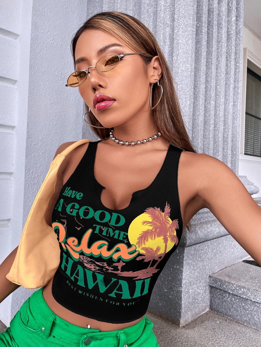 SHEIN Unity Palm Tree & Slogan Graphic Notch cổ Tank Top Chúc bạn có một khoảng thời gian vui vẻ Thư giãn HAWAII LỜI CHÚC MỪNG TỐT NHẤT DÀNH CHO BẠN - màu đen - Xem 1
