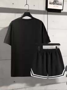 Manfinity Campus Court Men Letter Graphic Tee & Striped Trim Drawstring Waist Shorts - Black - View 2
