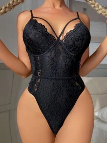 Floral Lace Harness Teddy Bodysuit - Black - View 5