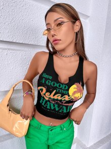 SHEIN Unity Palm Tree & Slogan Graphic Notch cổ Tank Top Chúc bạn có một khoảng thời gian vui vẻ Thư giãn HAWAII LỜI CHÚC MỪNG TỐT NHẤT DÀNH CHO BẠN - màu đen - Xem 4