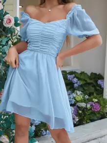 SHEIN VCAY Vestido unicolor de manga farol escote corazón fruncido - Celeste - Ver 1