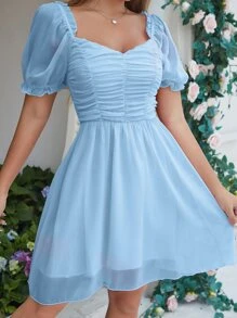 SHEIN VCAY Vestido unicolor de manga farol escote corazón fruncido - Celeste - Ver 3