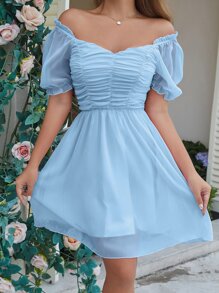 SHEIN VCAY Vestido unicolor de manga farol escote corazón fruncido - Celeste - Ver 6