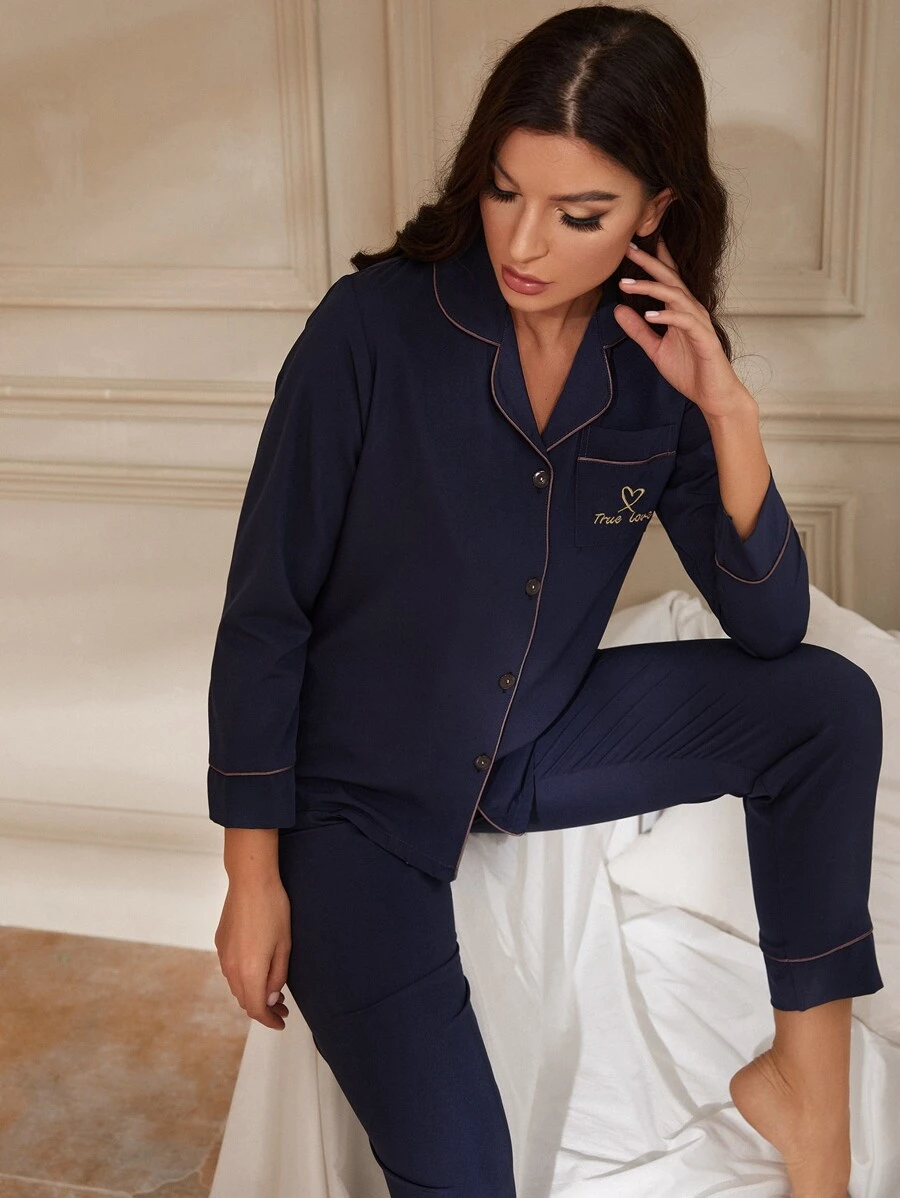 Heart And Letter Embroidery Pocket Front Contrast Piping PJ Set / Pajama Set - Navy Blue - View 1