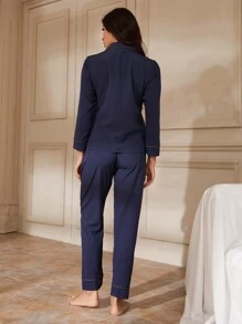 Heart And Letter Embroidery Pocket Front Contrast Piping PJ Set / Pajama Set - Navy Blue - View 2