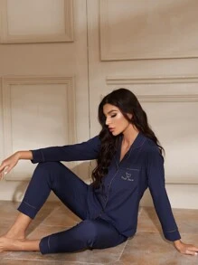 Heart And Letter Embroidery Pocket Front Contrast Piping PJ Set / Pajama Set - Navy Blue - View 4