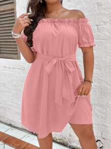 SHEIN Clasi 大碼一字領泡泡袖繫腰帶洋裝