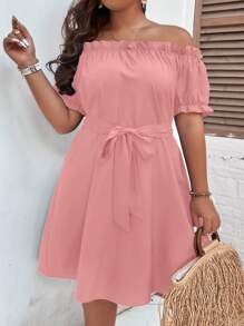 SHEIN Clasi 大碼一字領泡泡袖繫腰帶洋裝