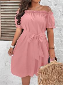 SHEIN Clasi 大碼一字領泡泡袖繫腰帶洋裝