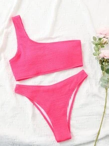 Swim Basics Summer Beach Textured Bikini Set One Shoulder Top & Cheeky Bottom 2 Piece Bathing Suit - Hot Pink - View 6
