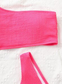 Swim Basics Summer Beach Textured Bikini Set One Shoulder Top & Cheeky Bottom 2 Piece Bathing Suit - Hot Pink - View 7