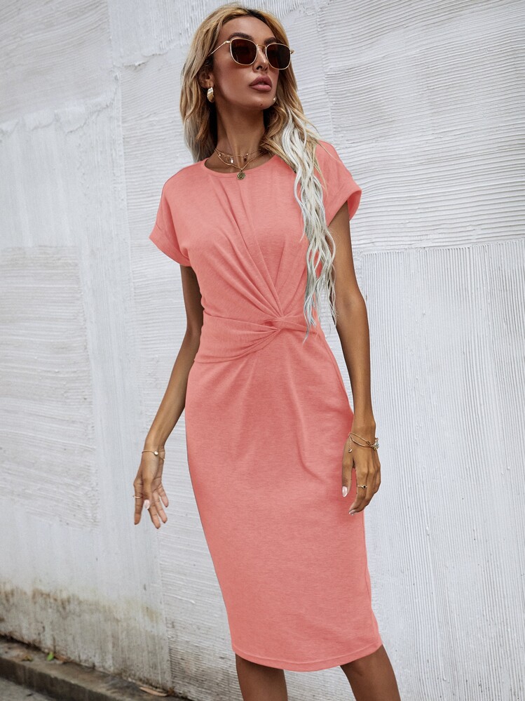 Solid Twist Front Fitted Dress - Coral Pink - View 1