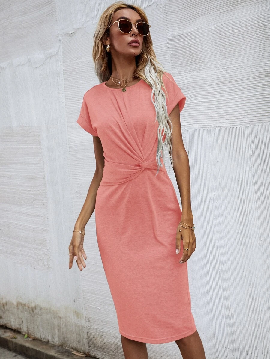 Solid Twist Front Fitted Dress - Coral Pink - View 1