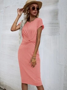 Solid Twist Front Fitted Dress - Coral Pink - View 3