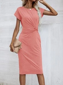 Solid Twist Front Fitted Dress - Coral Pink - View 4