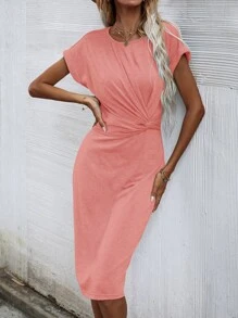 Solid Twist Front Fitted Dress - Coral Pink - View 5