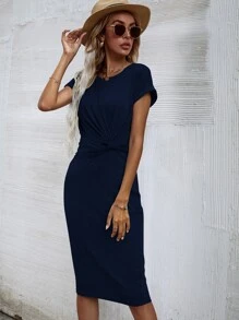 SHEIN LUNE Solid Twist Front Fitted Dress - Navy Blue - View 4