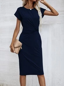 SHEIN LUNE Solid Twist Front Fitted Dress - Navy Blue - View 5