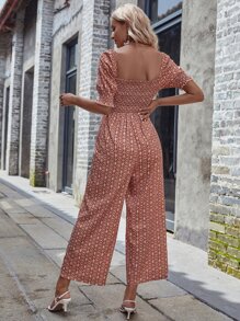 SHEIN VCAY 小碎花打褶方領泡泡袖連身褲