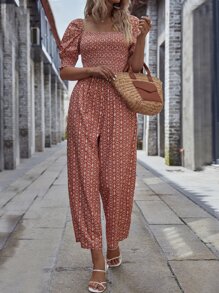 SHEIN VCAY 小碎花打褶方領泡泡袖連身褲