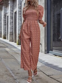 SHEIN VCAY 小碎花打褶方領泡泡袖連身褲