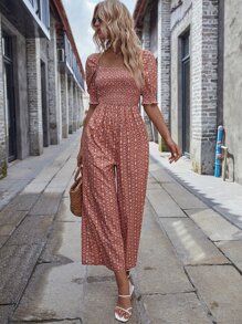 SHEIN VCAY 小碎花打褶方領泡泡袖連身褲