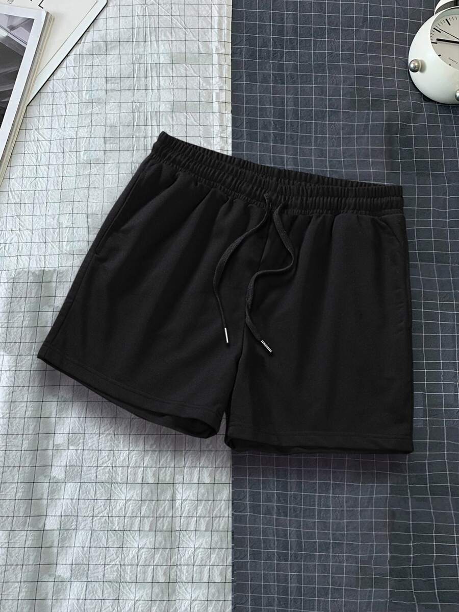 Manfinity Homme Men Solid Drawstring Waist Shorts Going Out Plain Black Casual Sweat Shorts, For Husband, Boyfriend Gifts - Black - View 1