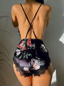 Floral Print Lace Trim Satin Teddy Romper Lingerie - Black - View 2