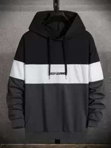 Manfinity Homme Men Colour-block Slogan Embroidery Drawstring Hoodie - Multicolor - View 1