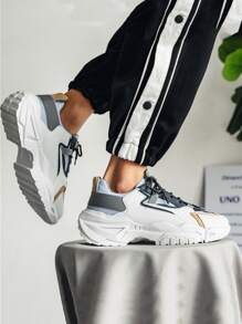 Nam Thiết kế nhiều ô vuông Chunky Sneakers Thoáng khí có dây buộc PVC Đế giày thể thao chạy bộ mới - trắng - Xem 3