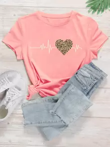 SHEIN LUNE Heart And Leopard Print Short Sleeve Tee - Coral Pink - View 1