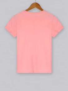 SHEIN LUNE Heart And Leopard Print Short Sleeve Tee - Coral Pink - View 2