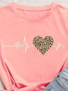 SHEIN LUNE Heart And Leopard Print Short Sleeve Tee - Coral Pink - View 4