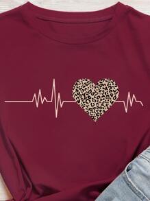 SHEIN LUNE Electrocardiogram Print Round Neck T-Shirt - Burgundy - View 4