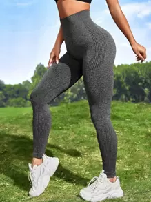 Yoga Basic 運動打底褲雜色針織無縫收復競技褲襪帶寬腰帶 - 深灰色 - 查看 1