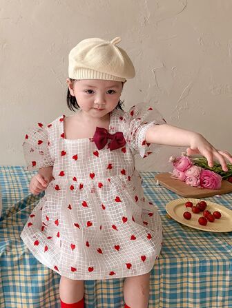 小女童1入組心和網格線條紋泡泡袖後紐扣連衣裙不附帶帽