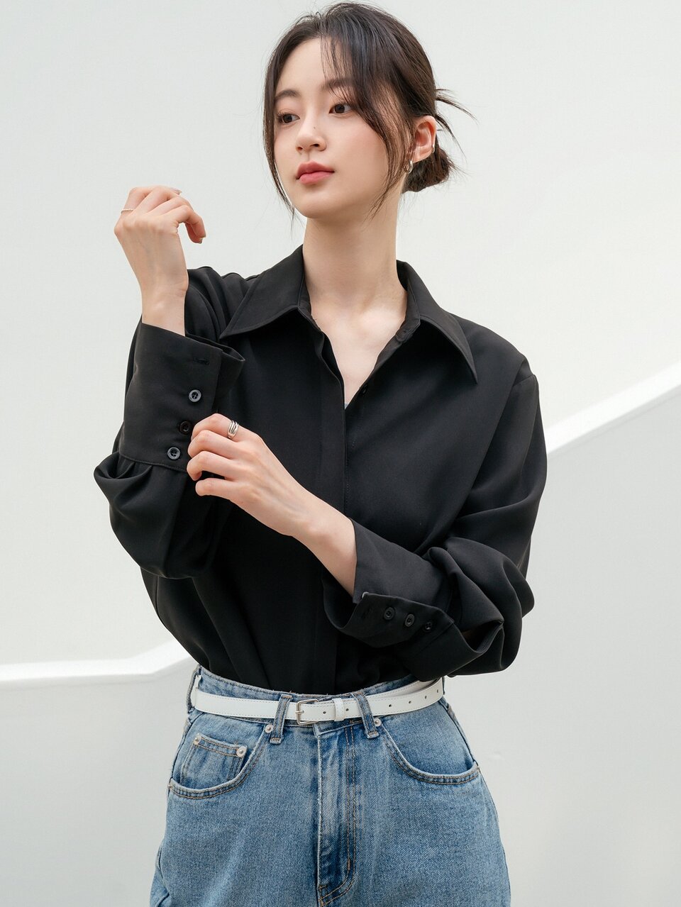 Solid Hidden Button Front Blouse