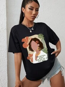 Figure And Slogan Graphic Drop Shoulder Tee - Black - View 1