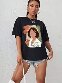 Figure And Slogan Graphic Drop Shoulder Tee - Black - View 3