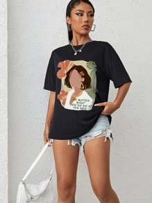 Figure And Slogan Graphic Drop Shoulder Tee - Black - View 4