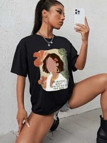 Figure And Slogan Graphic Drop Shoulder Tee - Black - View 5