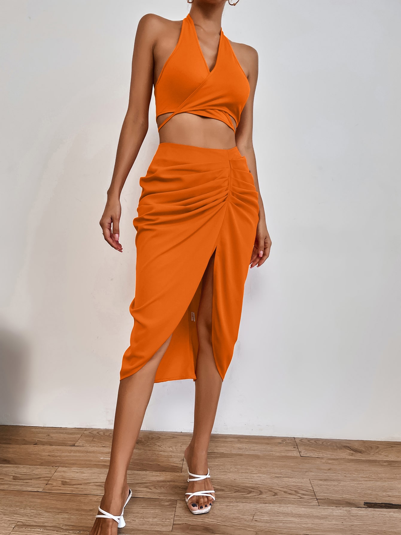 Wrap Knot Backless Crop Halter Top & Ruched Asymmetrical Hem Skirt