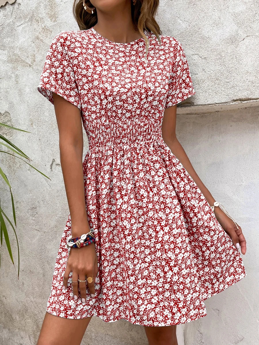SHEIN VCAY 小碎花腰部打褶A字連衣裙 - 紅白色 - 查看 1