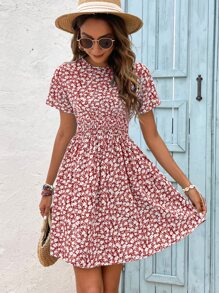 SHEIN VCAY 小碎花腰部打褶A字連衣裙 - 紅白色 - 查看 4