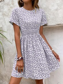 SHEIN VCAY 小碎花腰部打褶A字連衣裙 - 淡紫色 - 查看 4